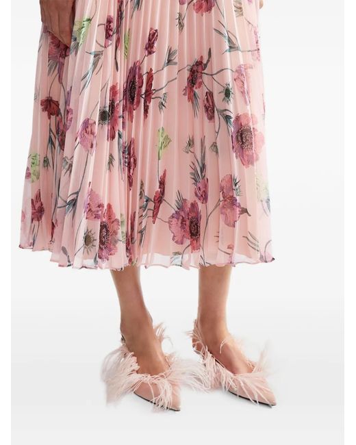 Erdem Pink Floral-Print Pleated Midi Skirt