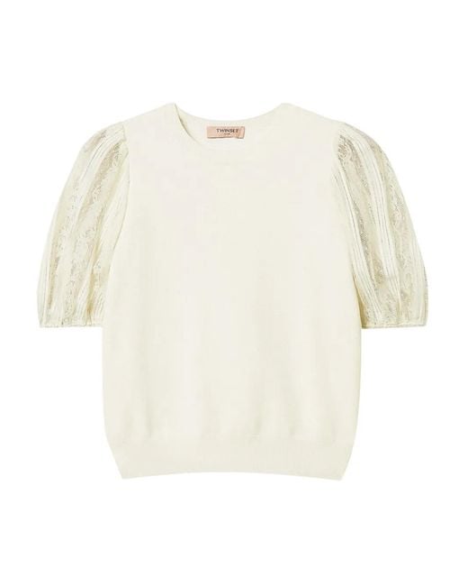 Twinset White Lace-Sleeve Top