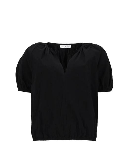 PT Torino Black Teresa Puff-Sleeve V-Neck Blouse