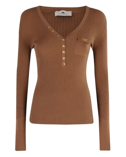 Elisabetta Franchi Brown Ribbed Button-Placket Top