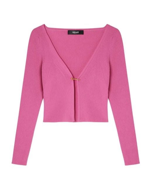 Versace Pink Safety Pin Ribbed-Knit Cardigan