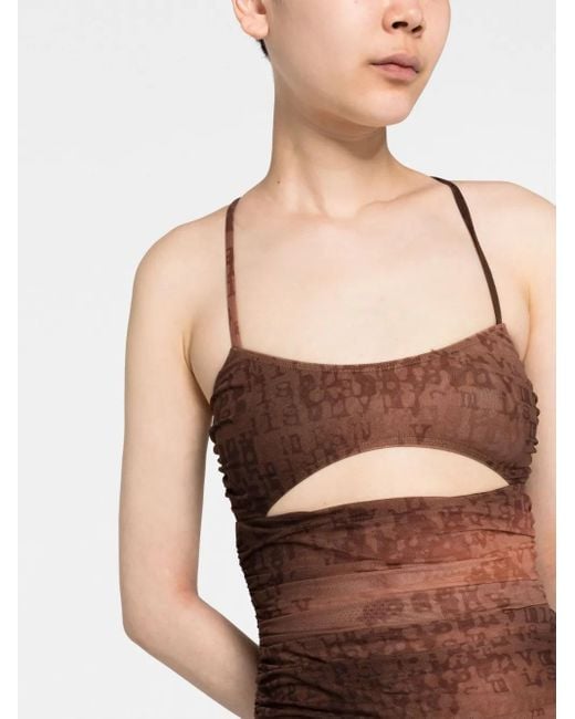 M I S B H V Brown Letter-Print Ruched Mini Dress