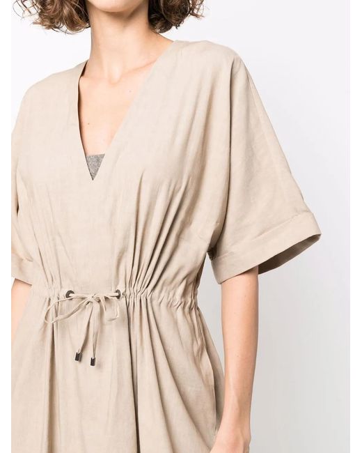 Brunello Cucinelli Natural Drawstring Linen Mini Dress