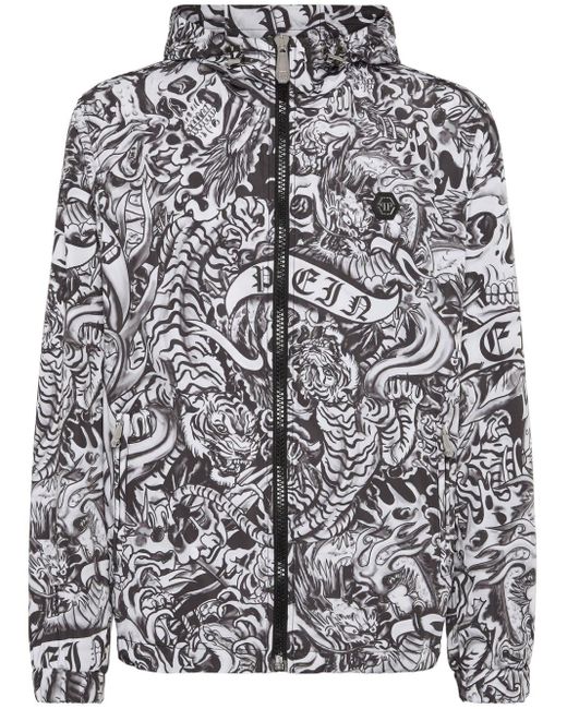 Philipp Plein Gray Tattoo-print Hooded Windbreaker Jacket for men