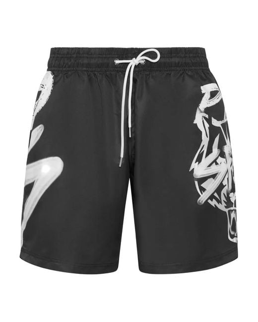 Philipp Plein Black Graphic-Print Swim Shorts for men