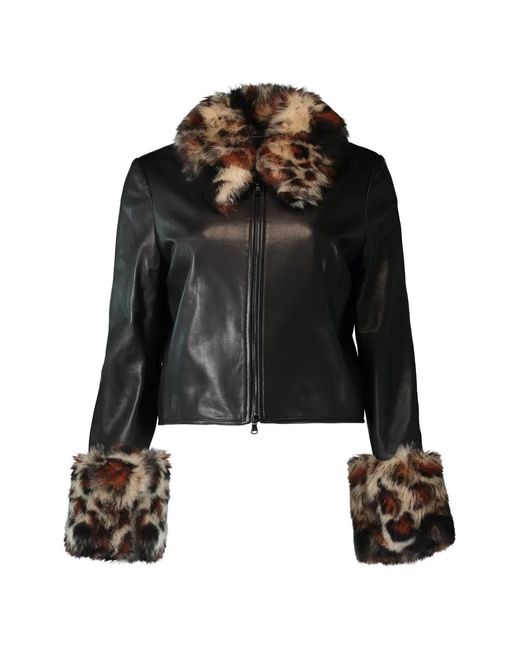Susan Bender Black Leopard-Trim Leather Jacket
