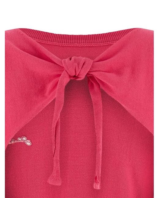 Ganni Pink Embroidered-Logo Back-Ribbon T-Shirt