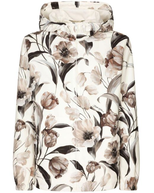 Dolce & Gabbana White Tulip-print Zip-up Hooded Jacket for men