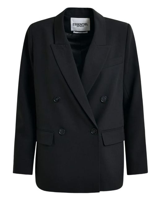 Essentiel Antwerp Black Double-Breasted Padded-Shoulder Blazer