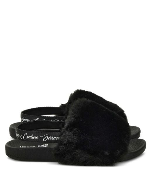 Versace Jeans Couture Black Fur-Trimmed Slingback Slides