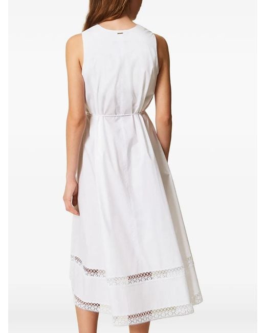 Twinset White Lace-Trimmed V-Neck Midi Dress