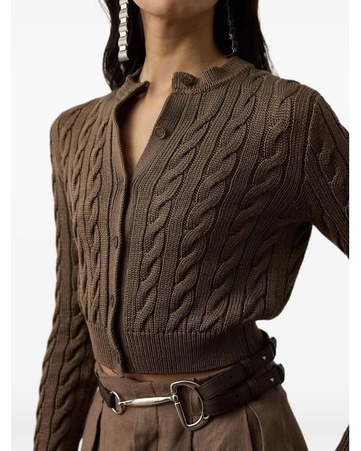 Ralph Lauren Brown Cable-Knit Silk Cropped Cardigan