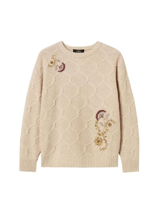 Twinset Natural Floral-Embroidered Diamond-Knit Sweater