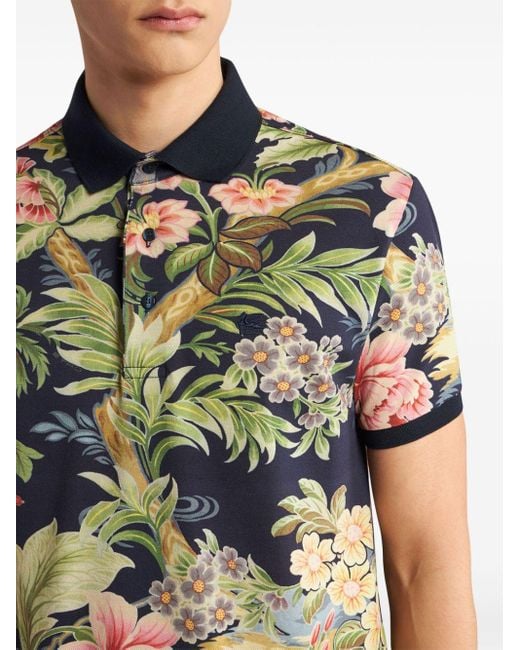 Etro Green Floral-Print Cotton Polo Shirt for men