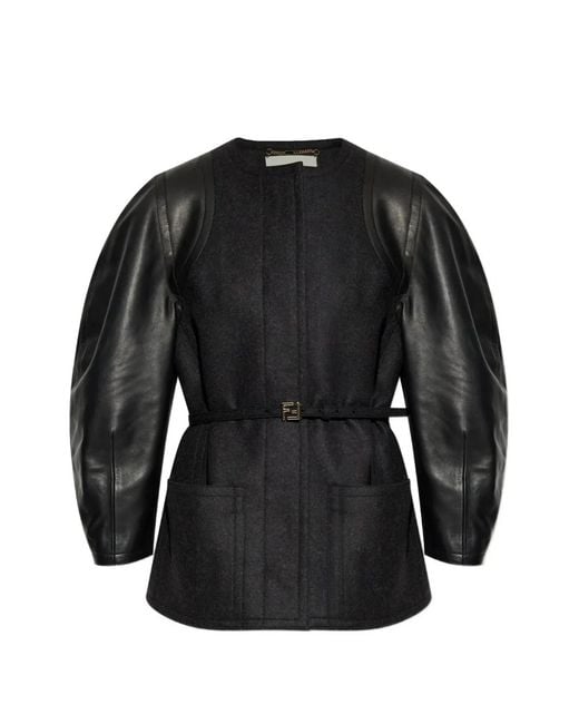 Fendi Black Leather-Sleeve Belted Jacket