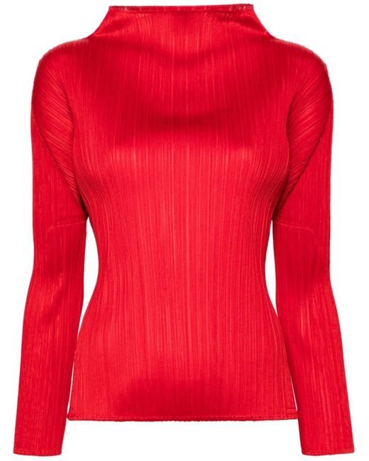 Mock-neck pleated T-shirt di Pleats Please Issey Miyake in Red