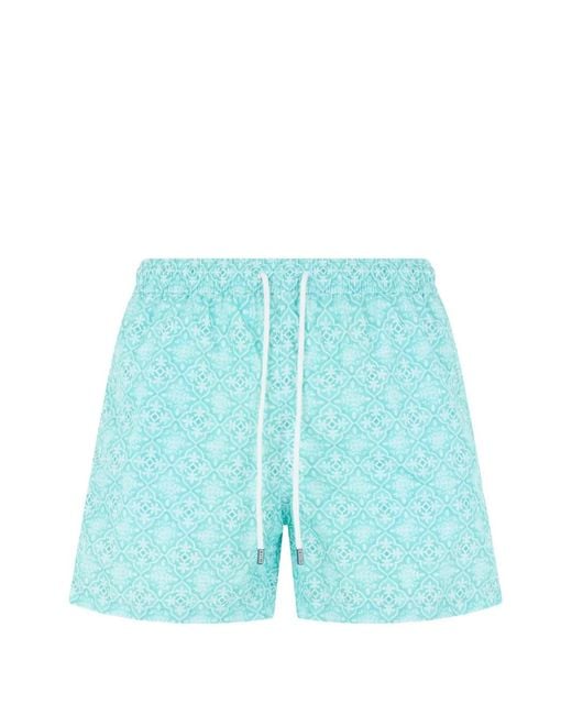 Fedeli Blue Patterned Drawstring Swim Shorts for men