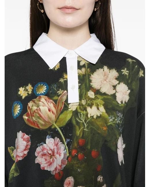 Cynthia Rowley Black Floral-Print Polo Collar Sweatshirt
