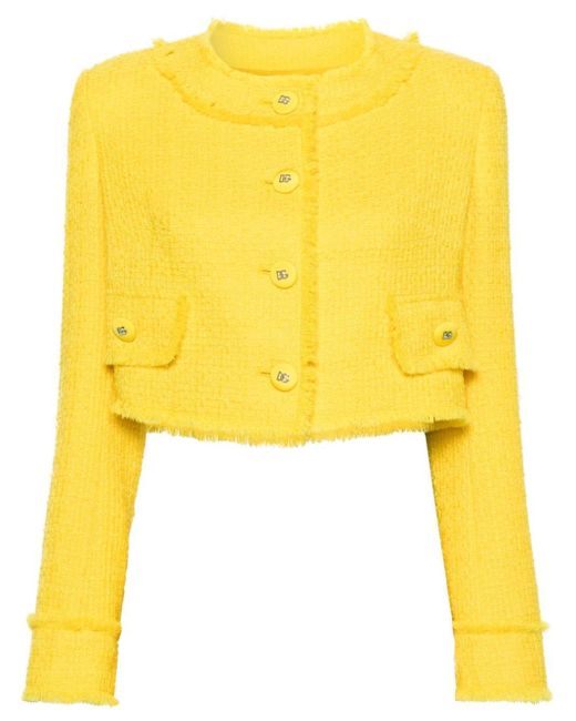 Dolce & Gabbana Yellow Tweed-Jacke mit rundem Ausschnitt