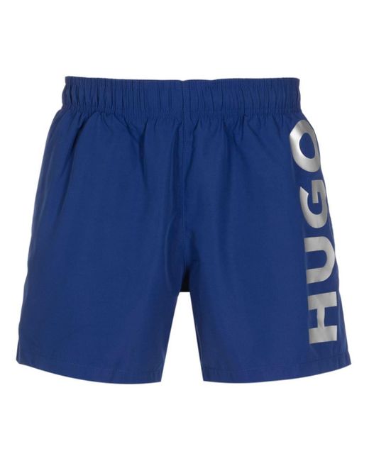 HUGO Blue Abas Metallic Logo-print Swim Shorts for men