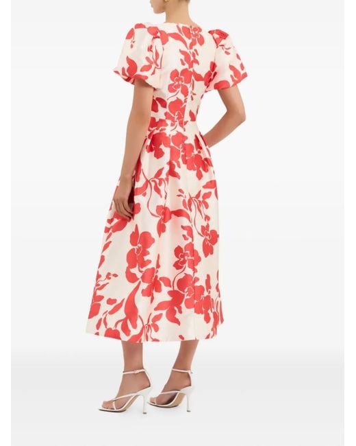 Rebecca Vallance Red Mayari Midi Puff-Sleeve Floral Dress
