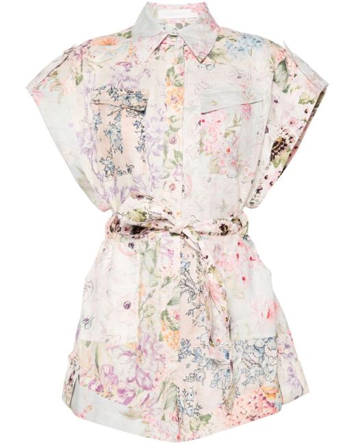 Zimmermann Natural Multicolour Floral Short-sleeved Linen Playsuit - Women's - Cotton/linen/flax