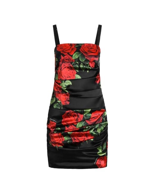 Dolce & Gabbana Red Rose-Print Satin Mini Dress