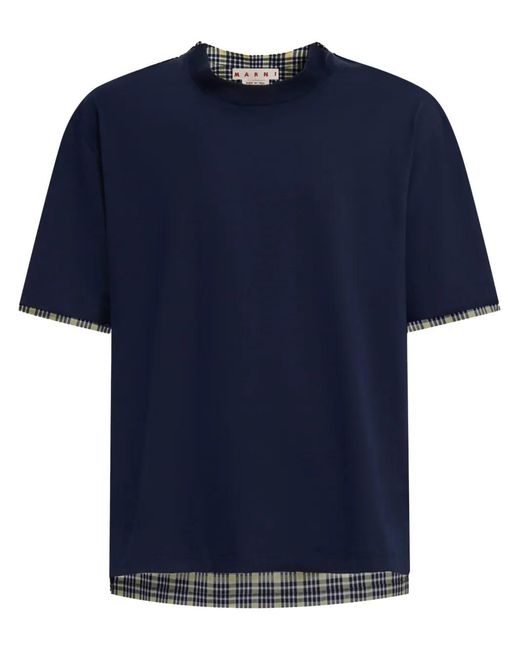 Marni Blue Plaid-Check Panel Cotton T-Shirt for men