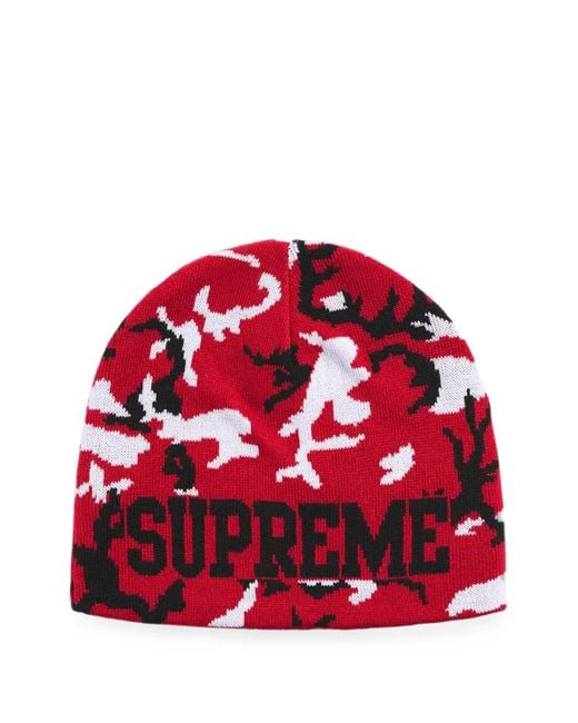 Supreme Red Camouflage-Pattern Beanie Hat for men