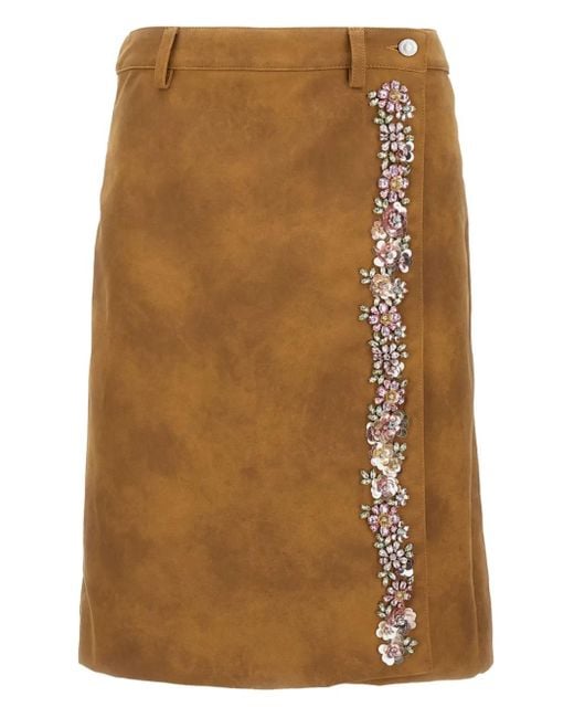 Des Phemmes Brown Crystal-Flower Wrap Skirt
