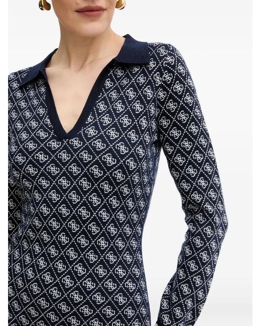 Guess Blue V-Neck Logo-Patterned Mini Dress