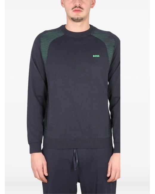 Boss Blue Striped-Panel Crew Neck Sweatshirt for men