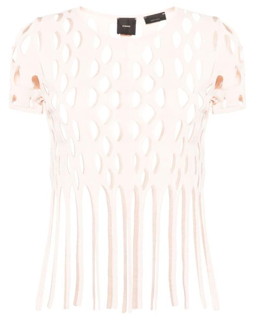 Pinko White Fringed Open-knit T-shirt