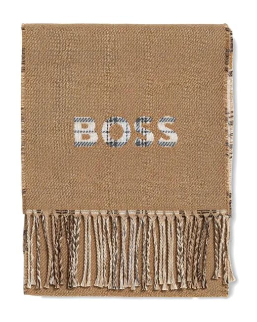 Boss Natural Check-Pattern Fringed Scarf for men