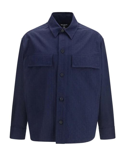 Balmain Blue Monogram Pocket Overshirt for men