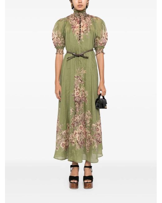Zimmermann Green Floral Ramie Swing Maxi Dress