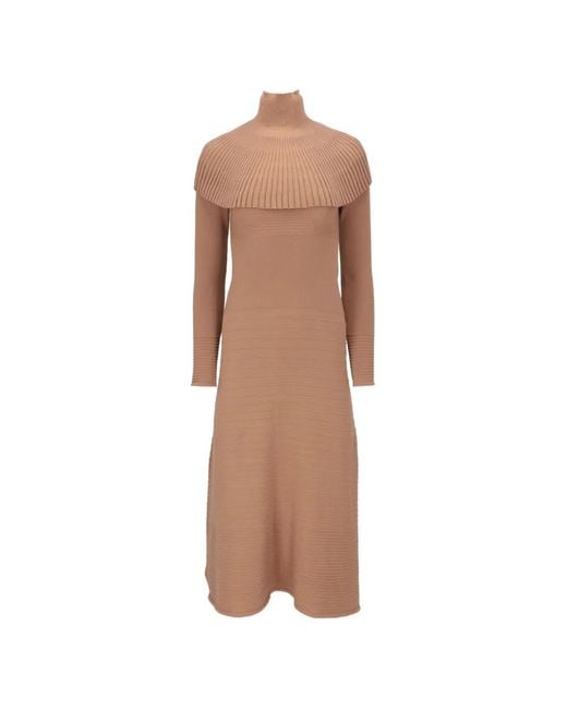 Isaia Natural Ribbed-Knit Cape-Overlay Midi Dress