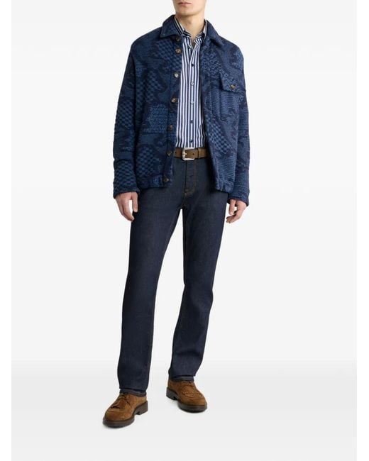 Etro Blue Veste Overshirt En Laine Mélangée À Motifs for men