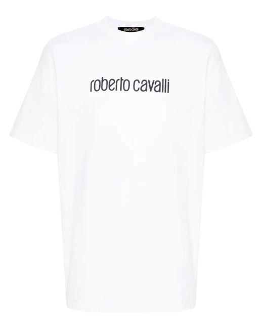 Roberto Cavalli White Logo-Print Cotton T-Shirt for men