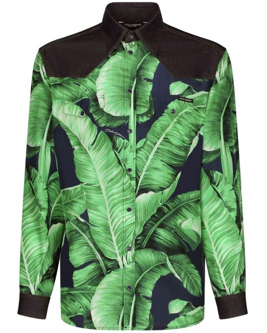 Dolce & Gabbana Green Panelled Leaf-print Shirt for men