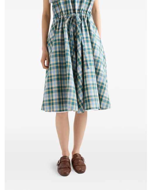Prada Blue Embroidered Checked Cotton Dress