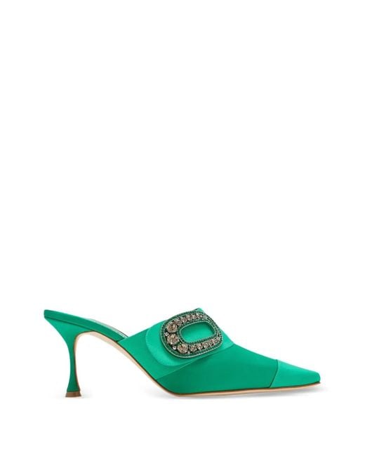 Manolo Blahnik Green Tula Crystal-Embellished Pointed-Toe Mules