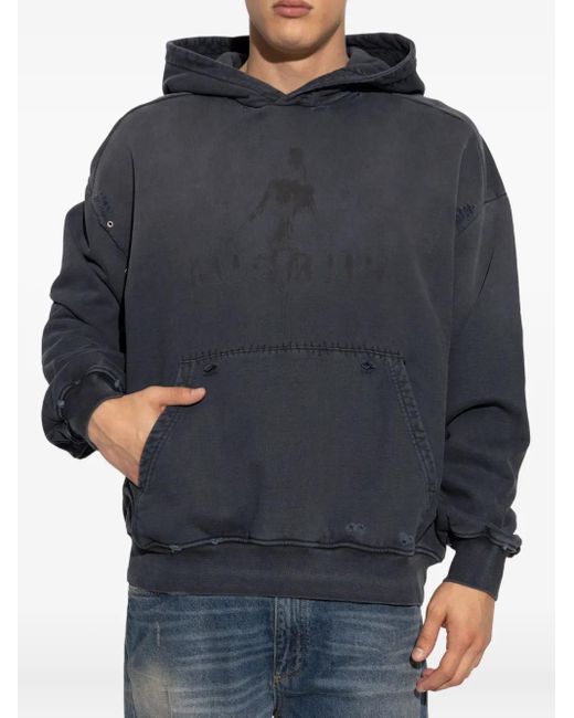 M I S B H V Blue Graphic-Print Distressed Cotton Hoodie for men