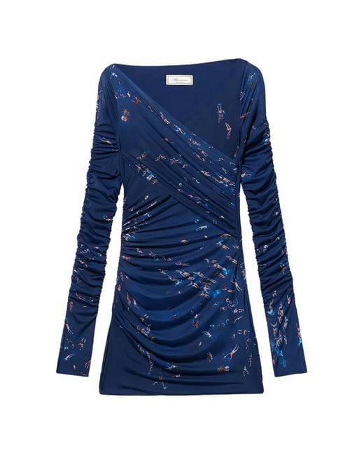 Blumarine Blue Robe Imprimée À Design Drapé