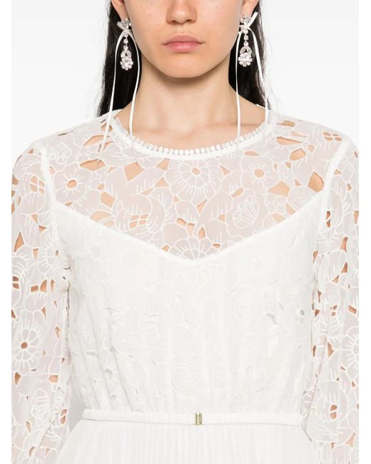 Nissa White Floral-Embroidered Pleated Dress