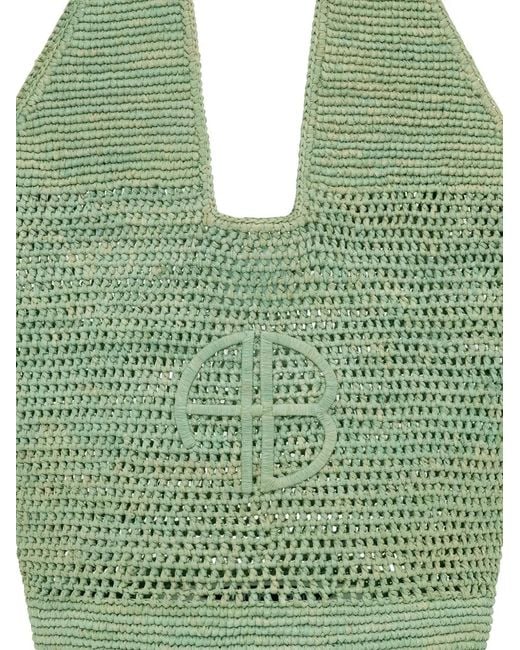 Anine Bing Green Leah Logo Raffia Tote Bag