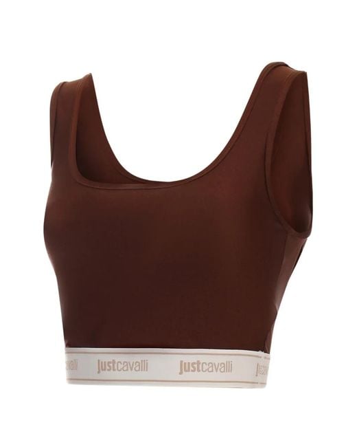 Just Cavalli Brown Logo-Waist Crop Top