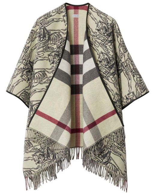 Burberry Natural Equestrian Knight Fringe Wool Poncho