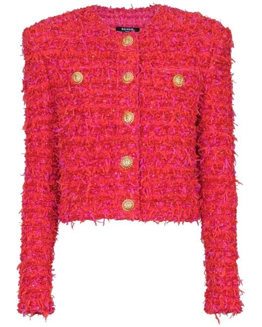 Balmain クロップド ツイードジャケット Red