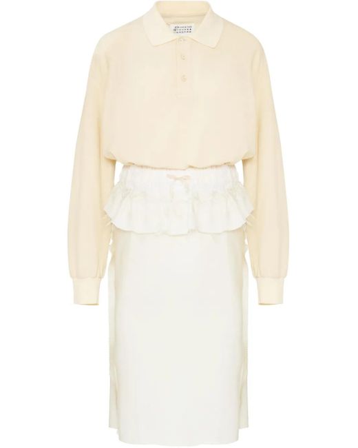 Maison Margiela White Midi Dress With Polo Collar And Gathered Waist